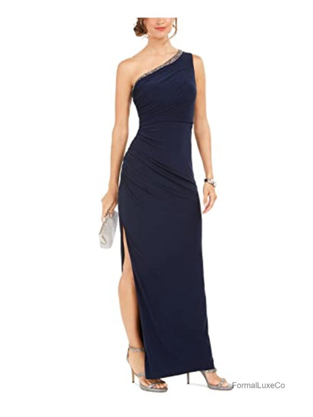 One Shoulder Jersey Gown A-Line Beaded Evening Formal Dress